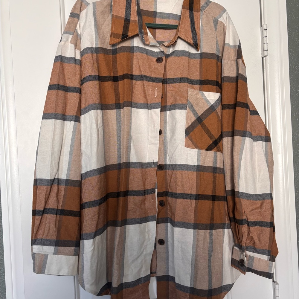 SHEIN Brown Plaid Button-Up Shirt